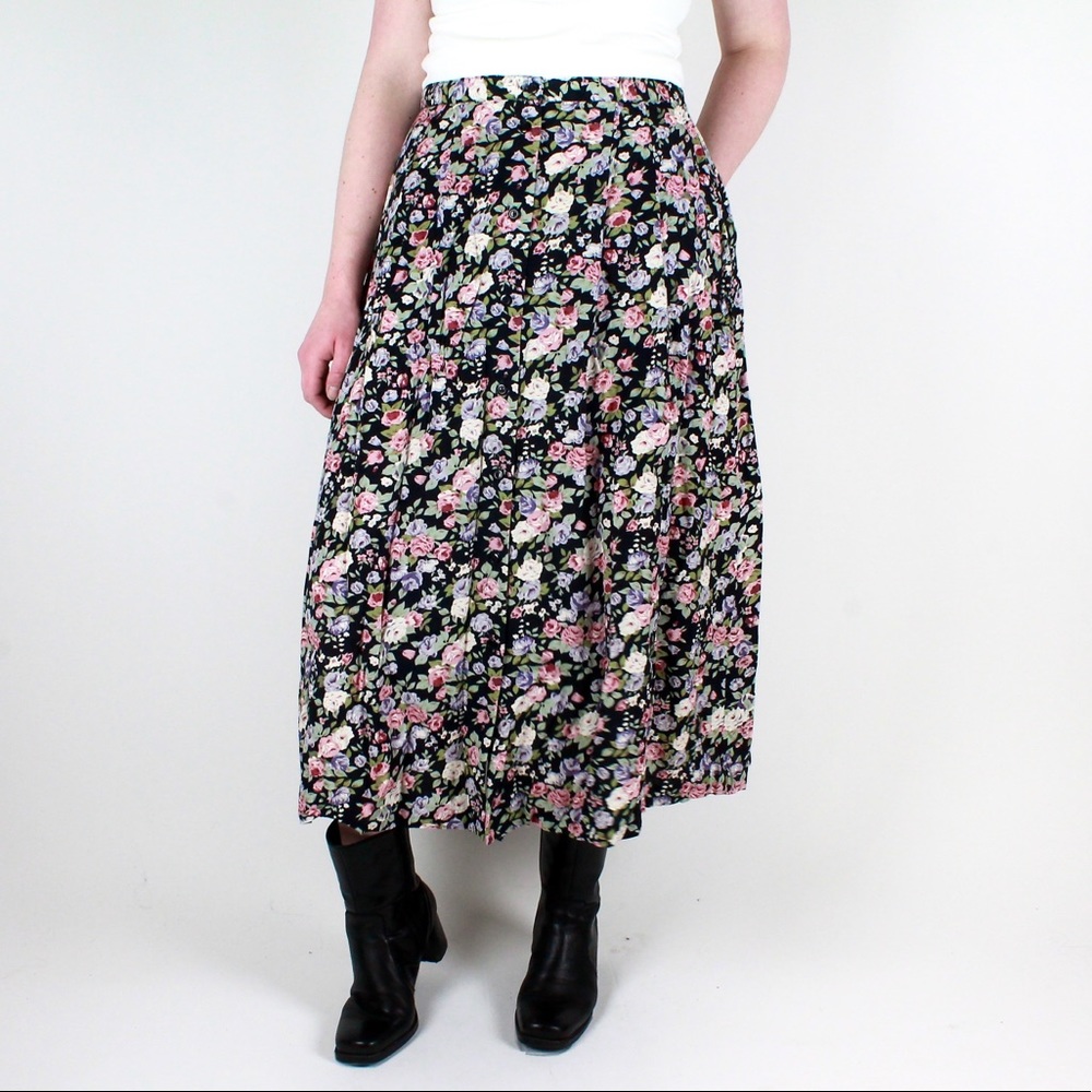 Black Pastel Pink Blue Floral Button Up Skirt